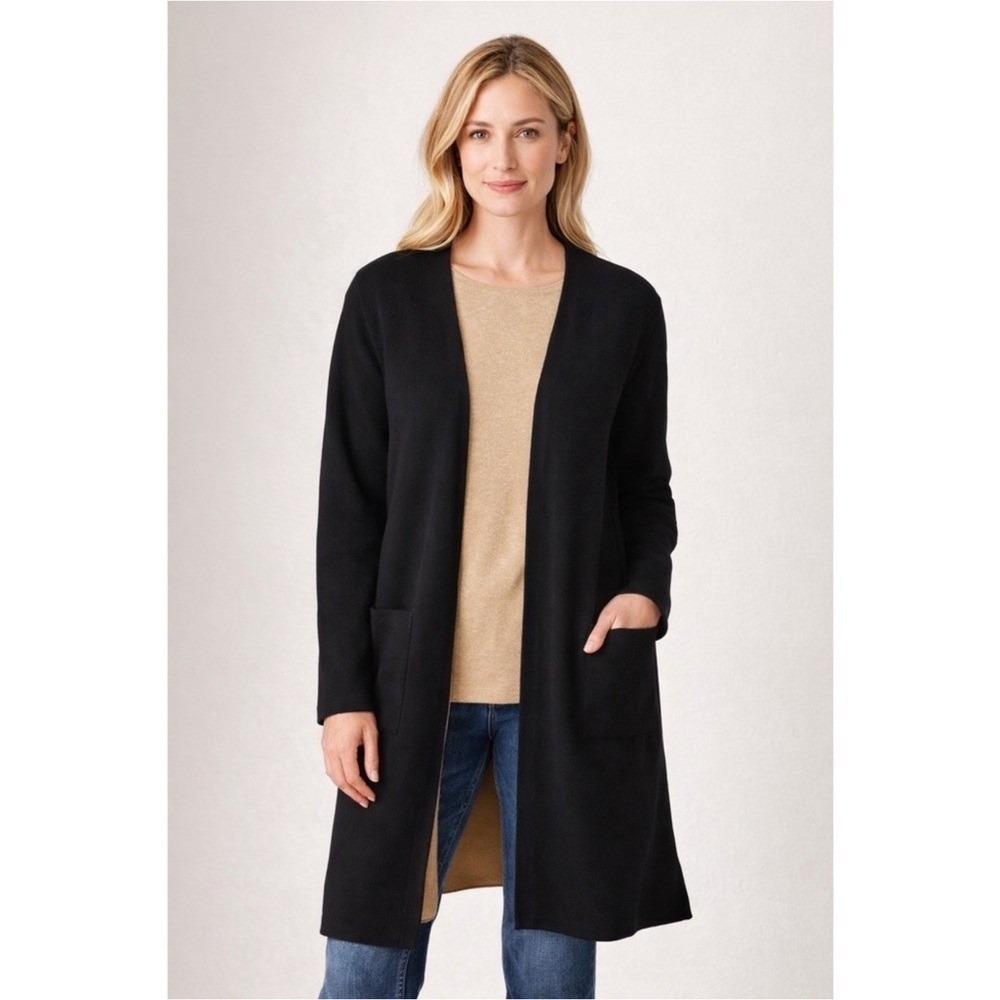 J JILL Longline Cotton Cardigan Duster Sweater 1X Pockets Minimalist Work Black - Picture 2 of 11